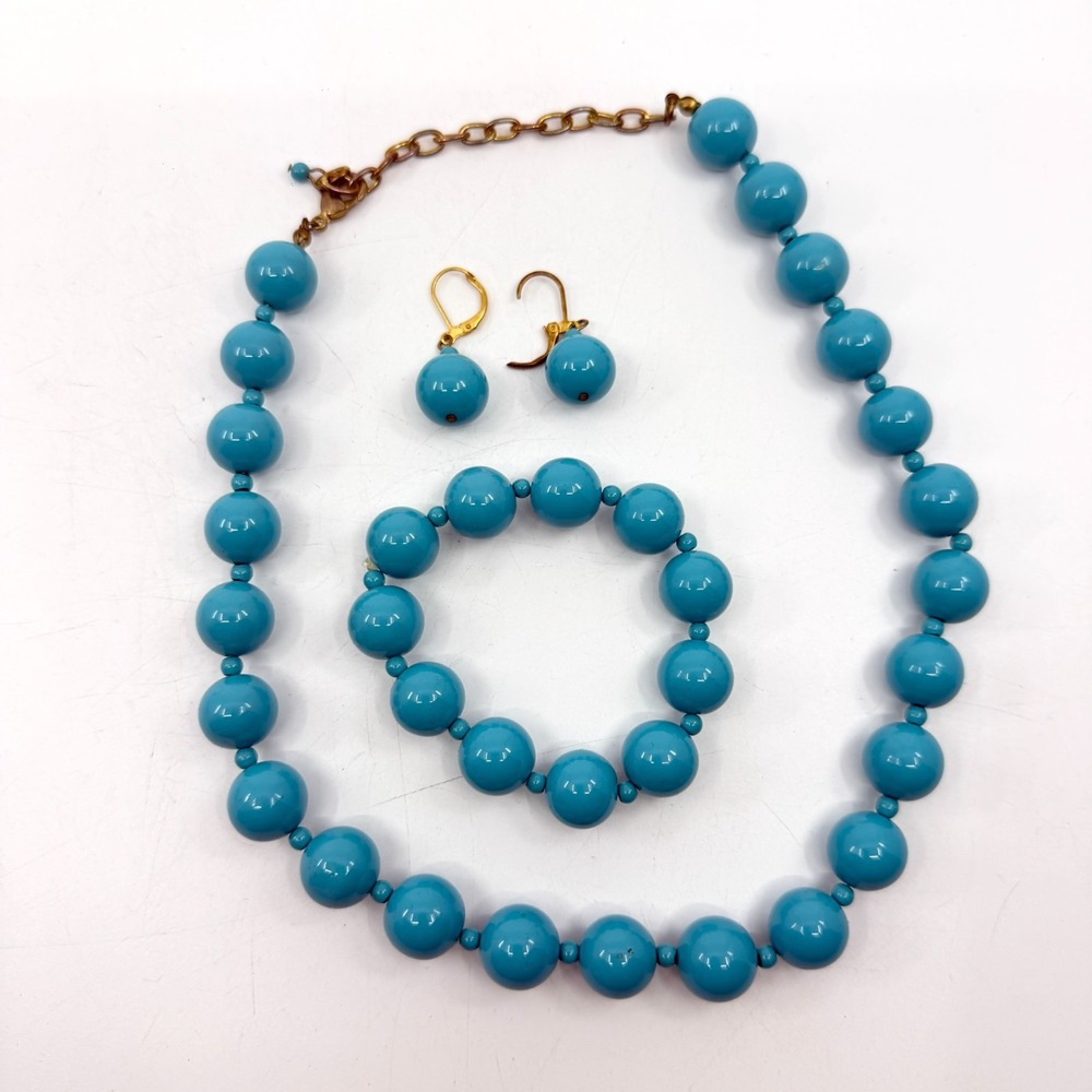 Turquoise Tone Blue Beaded Necklace Bracelet & Earrings Jewelry Set Statement